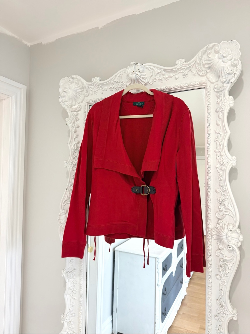 Ralph Lauren Red Wrap Shawl Collar Leather Buckle Cardigan Sweater Top